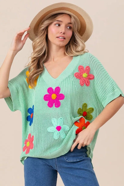 BiBi Flower Patches Dolman Sleeve Lightweight Sweater - Blu Lotus Boutique