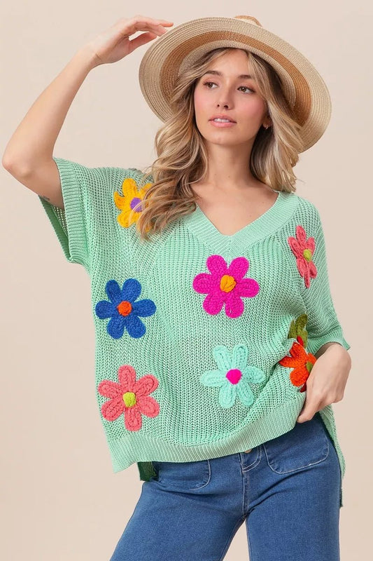 BiBi Flower Patches Dolman Sleeve Lightweight Sweater - Blu Lotus Boutique