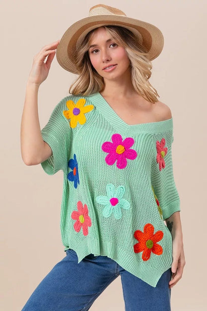 BiBi Flower Patches Dolman Sleeve Lightweight Sweater - Blu Lotus Boutique