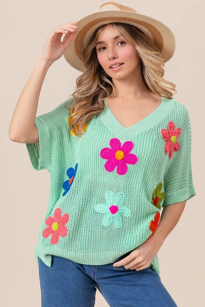 BiBi Flower Patches Dolman Sleeve Lightweight Sweater - Blu Lotus Boutique