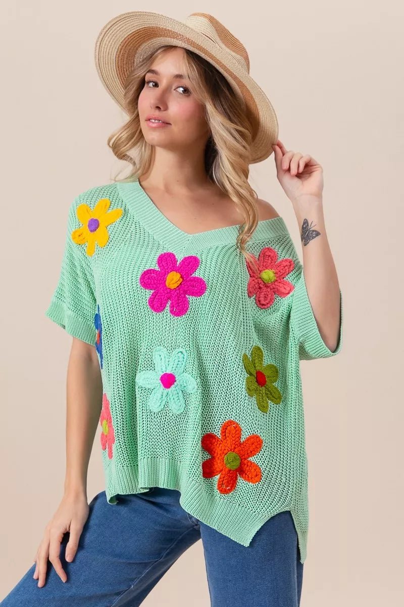 BiBi Flower Patches Dolman Sleeve Lightweight Sweater - Blu Lotus Boutique