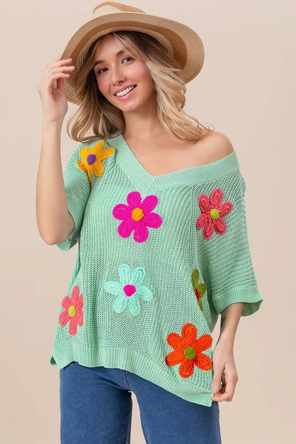 BiBi Flower Patches Dolman Sleeve Lightweight Sweater - Blu Lotus Boutique