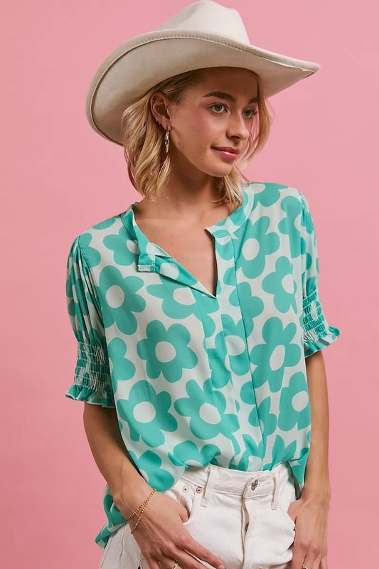 BiBi Flower Printed Woven Smocking Sleeves V Neck Top - Blu Lotus Boutique