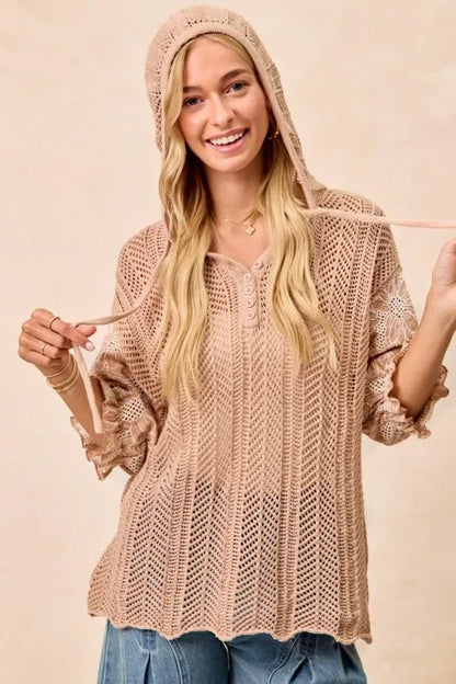 BiBi Jacquard Flower Puff Sleeve Hooded Knit Top - Blu Lotus Boutique