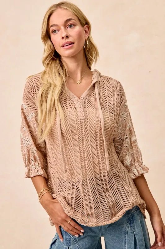 BiBi Jacquard Flower Puff Sleeve Hooded Knit Top - Blu Lotus Boutique