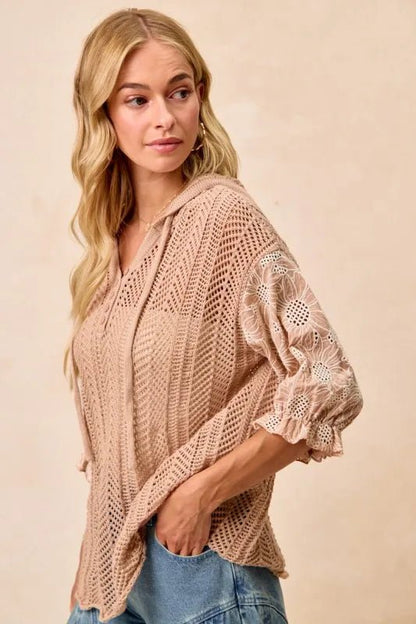 BiBi Jacquard Flower Puff Sleeve Hooded Knit Top - Blu Lotus Boutique