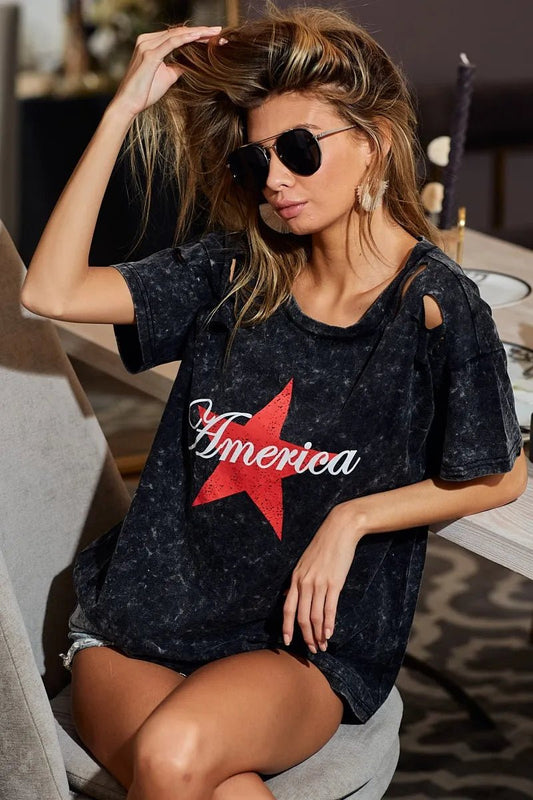 BiBi Laser Cut Mineral Washed Jersey Top with America - Blu Lotus Boutique