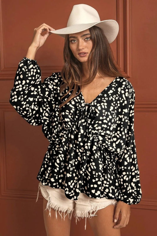 BiBi Leopard Woven Tied Spaghetti V Neck Lslv Top - Blu Lotus Boutique