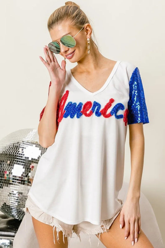 BiBi Metallic Letter V - neck Sequin Sleeves Top - Blu Lotus Boutique