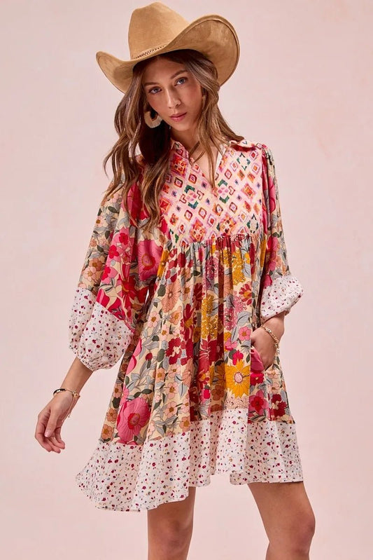 BiBi Print Mix And Match Bubble Sleeve Dress - Blu Lotus Boutique
