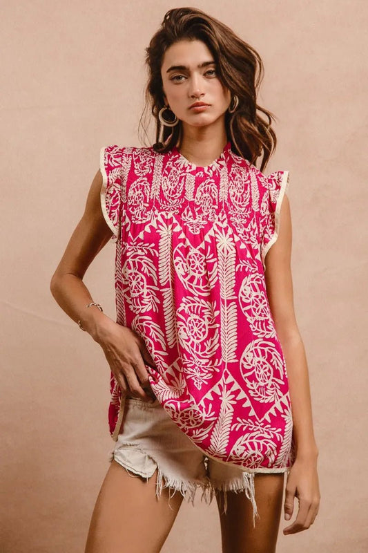 BiBi Printed Ruffle Sleeve Top - Blu Lotus Boutique