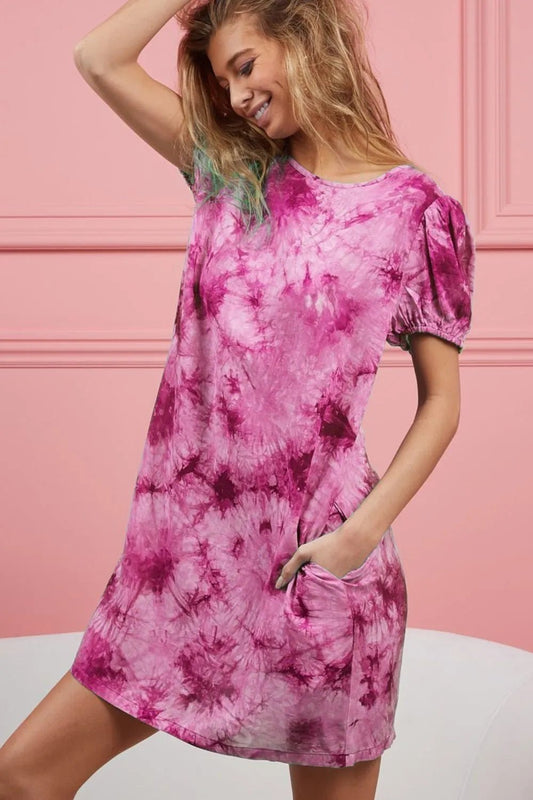 BiBi Puff Sleeve With Side Pockets Tie Dye Dress - Blu Lotus Boutique