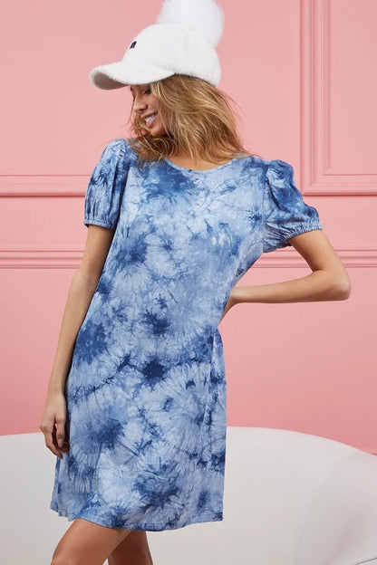 BiBi Puff Sleeve With Side Pockets Tie Dye Dress - Blu Lotus Boutique