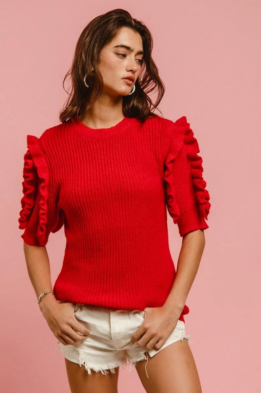 BiBi Solid Knit Ruffled Sleeves Top - Blu Lotus Boutique