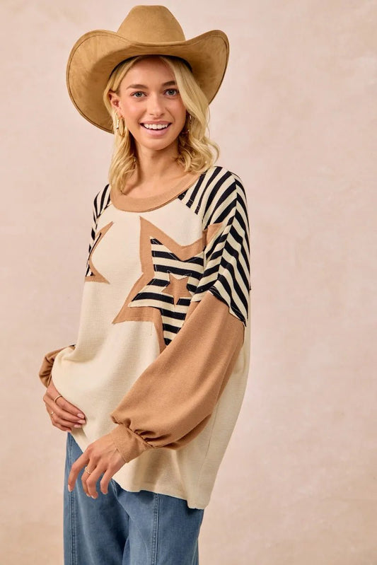 BiBi Star Patchwork Mixed Long Sleeve Top - Blu Lotus Boutique