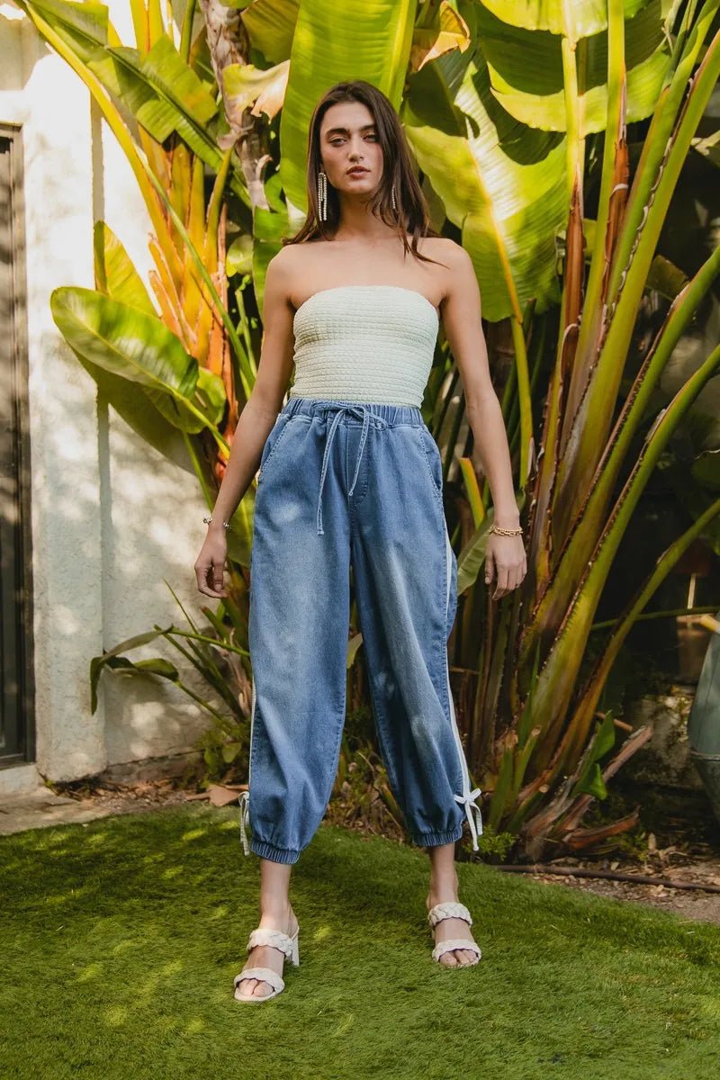 BiBi Striped Tape Details With Bot Tied Point Elastic Waist Jeans - Blu Lotus Boutique
