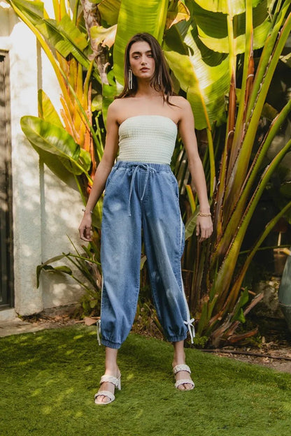 BiBi Striped Tape Details With Bot Tied Point Elastic Waist Jeans - Blu Lotus Boutique