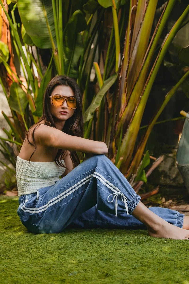 BiBi Striped Tape Details With Bot Tied Point Elastic Waist Jeans - Blu Lotus Boutique