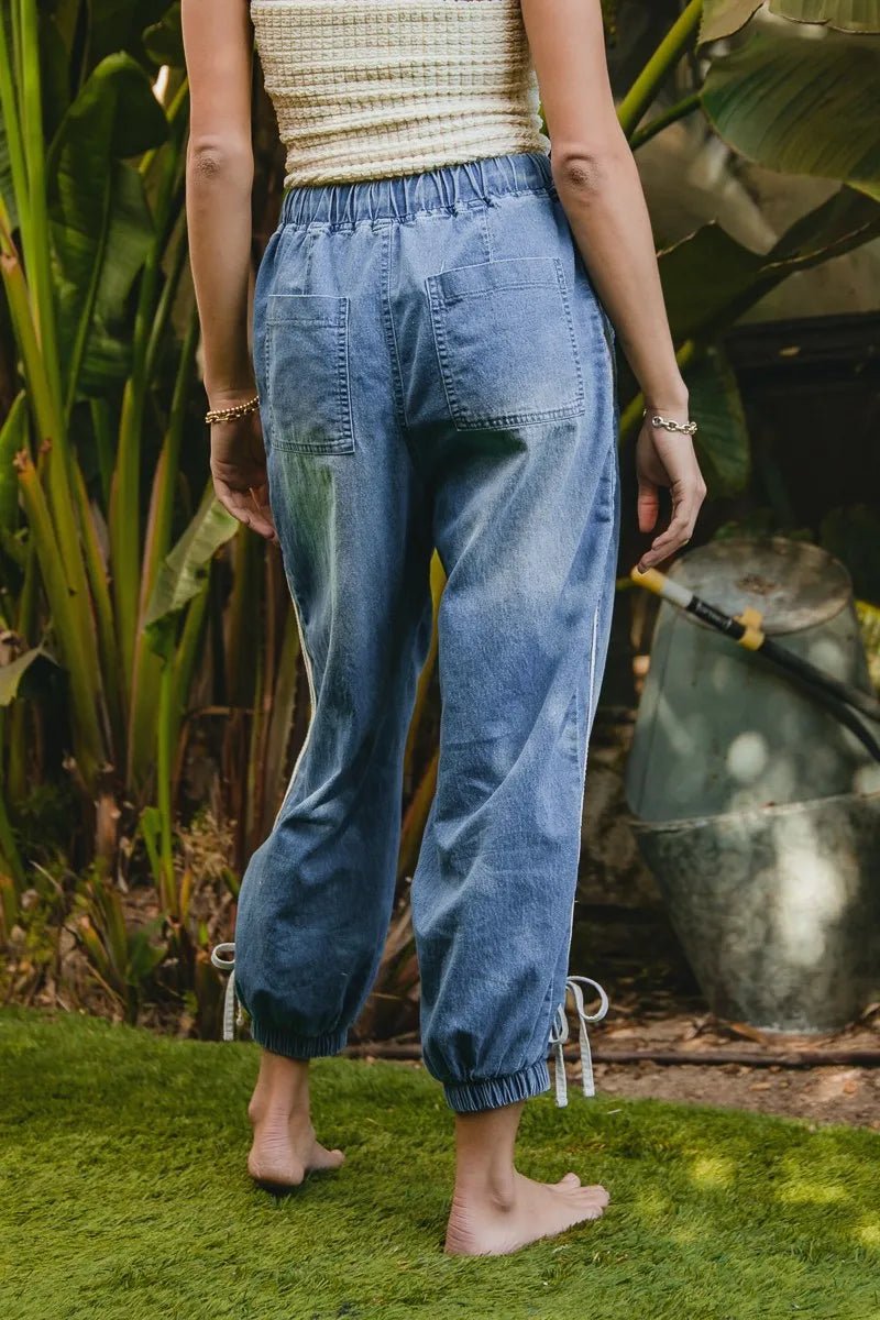 BiBi Striped Tape Details With Bot Tied Point Elastic Waist Jeans - Blu Lotus Boutique