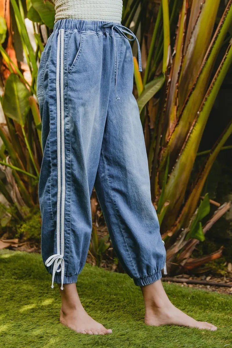 BiBi Striped Tape Details With Bot Tied Point Elastic Waist Jeans - Blu Lotus Boutique