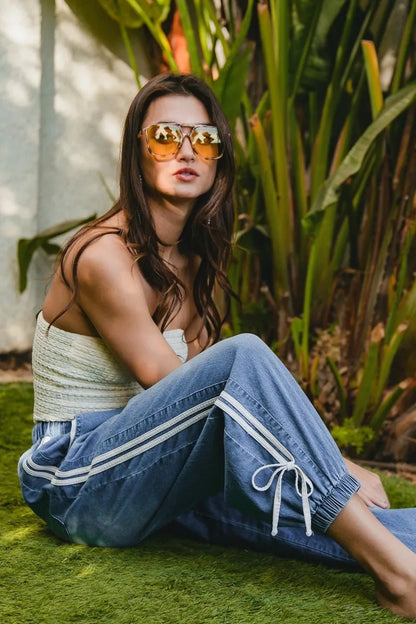 BiBi Striped Tape Details With Bot Tied Point Elastic Waist Jeans - Blu Lotus Boutique
