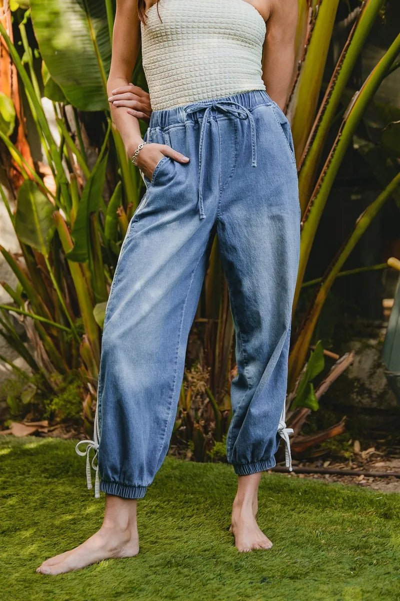 BiBi Striped Tape Details With Bot Tied Point Elastic Waist Jeans - Blu Lotus Boutique