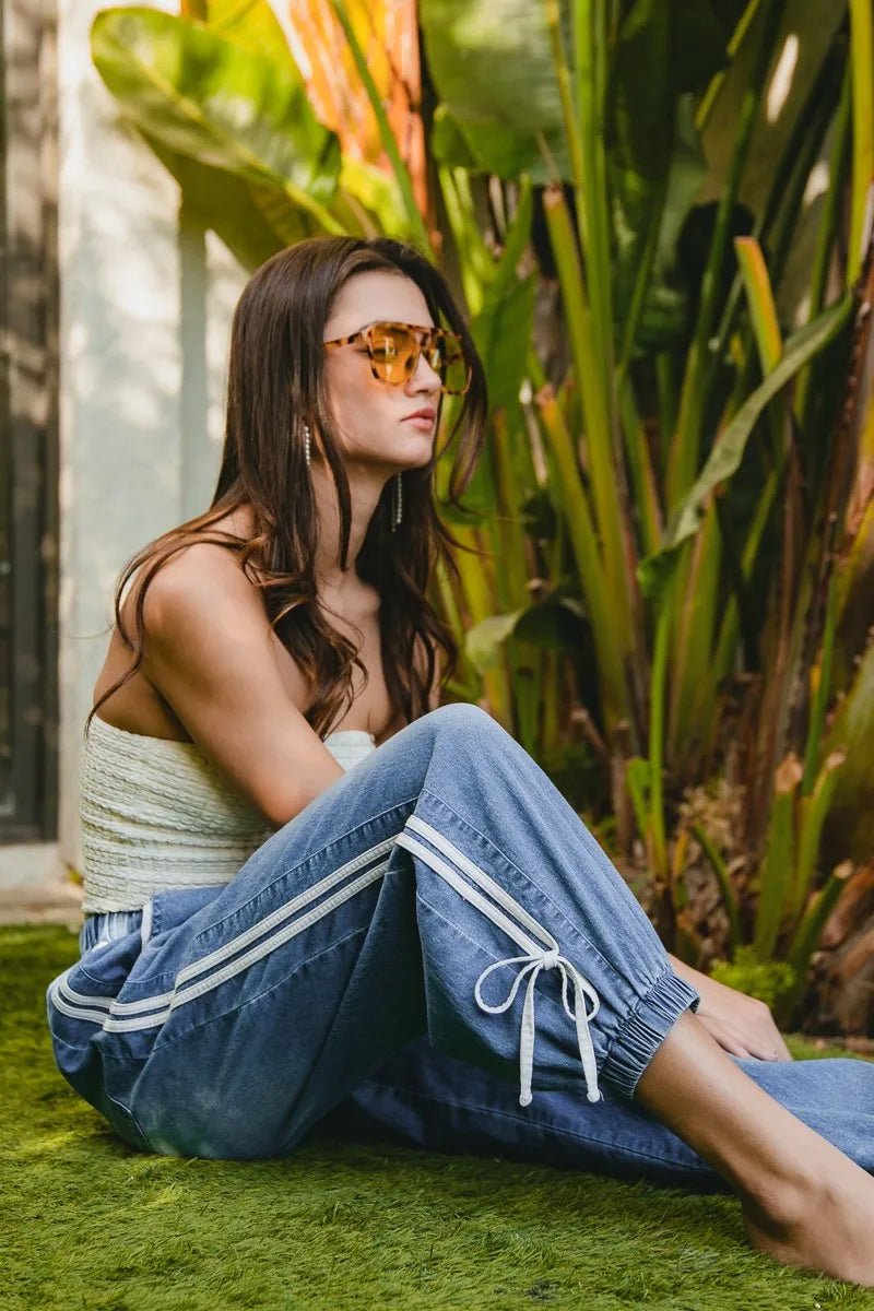 BiBi Striped Tape Details With Bot Tied Point Elastic Waist Jeans - Blu Lotus Boutique