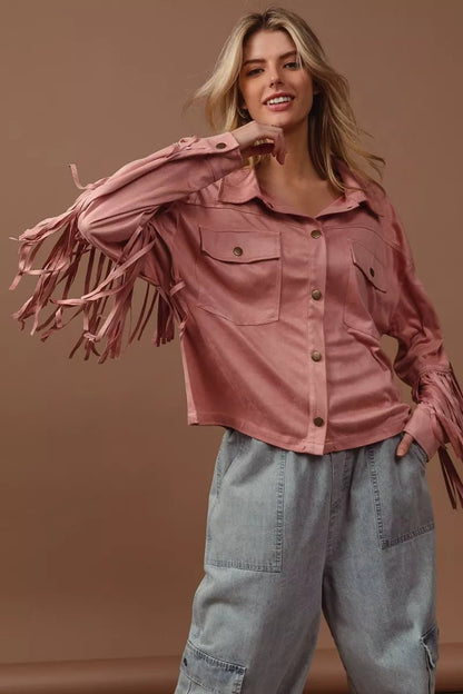 BiBi Suede Fringe Long Sleeve Jacket - Blu Lotus Boutique