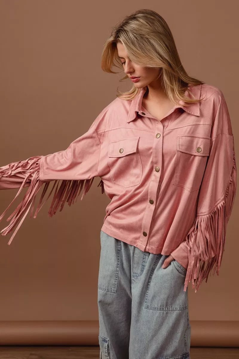 BiBi Suede Fringe Long Sleeve Jacket - Blu Lotus Boutique