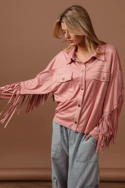 BiBi Suede Fringe Long Sleeve Jacket - Blu Lotus Boutique