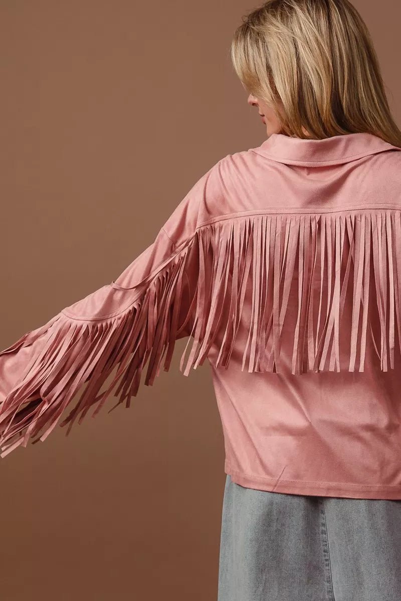 BiBi Suede Fringe Long Sleeve Jacket - Blu Lotus Boutique