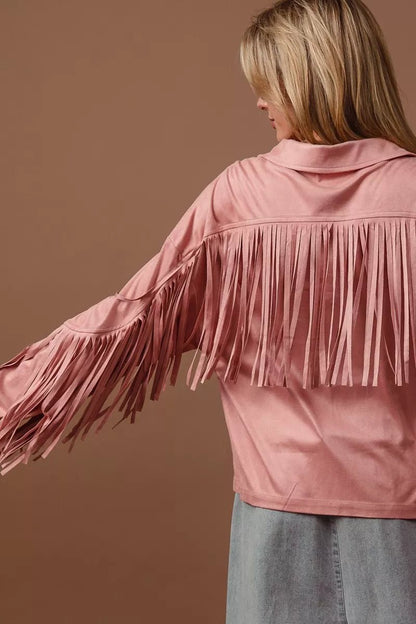 BiBi Suede Fringe Long Sleeve Jacket - Blu Lotus Boutique