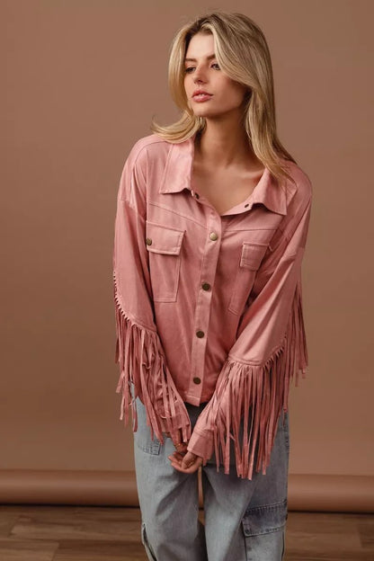 BiBi Suede Fringe Long Sleeve Jacket - Blu Lotus Boutique