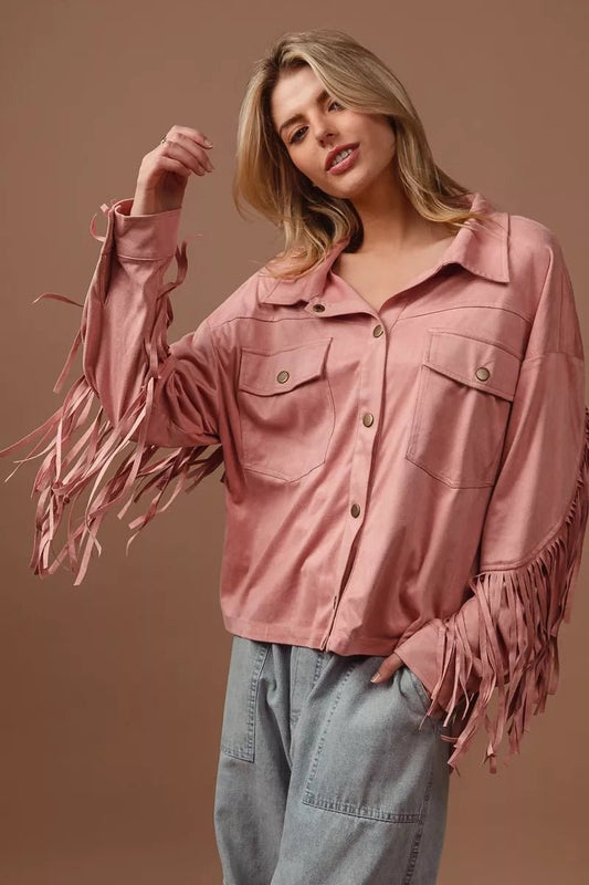 BiBi Suede Fringe Long Sleeve Jacket - Blu Lotus Boutique