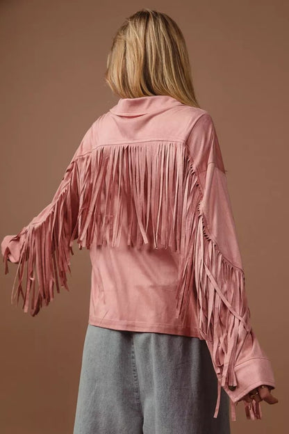 BiBi Suede Fringe Long Sleeve Jacket - Blu Lotus Boutique