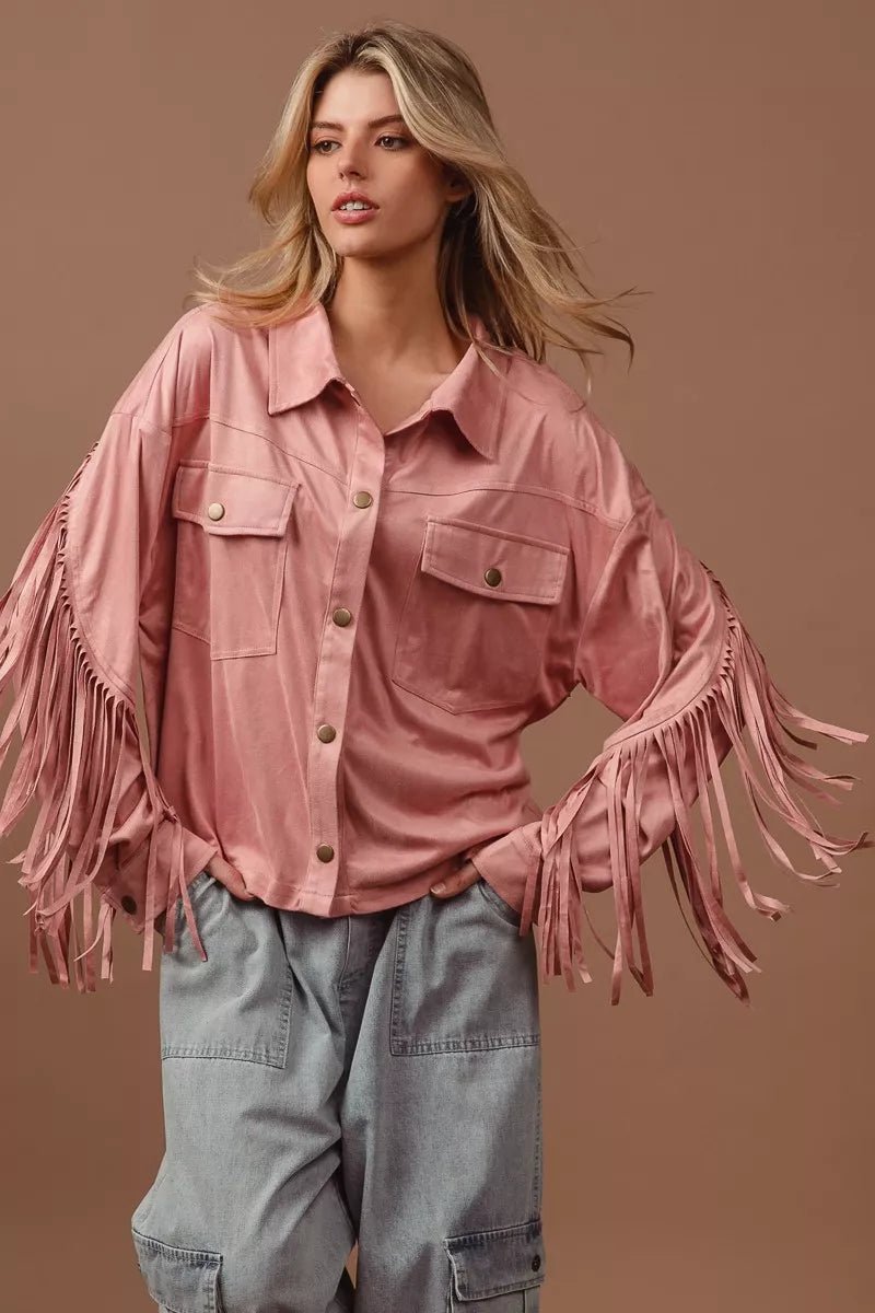 BiBi Suede Fringe Long Sleeve Jacket - Blu Lotus Boutique