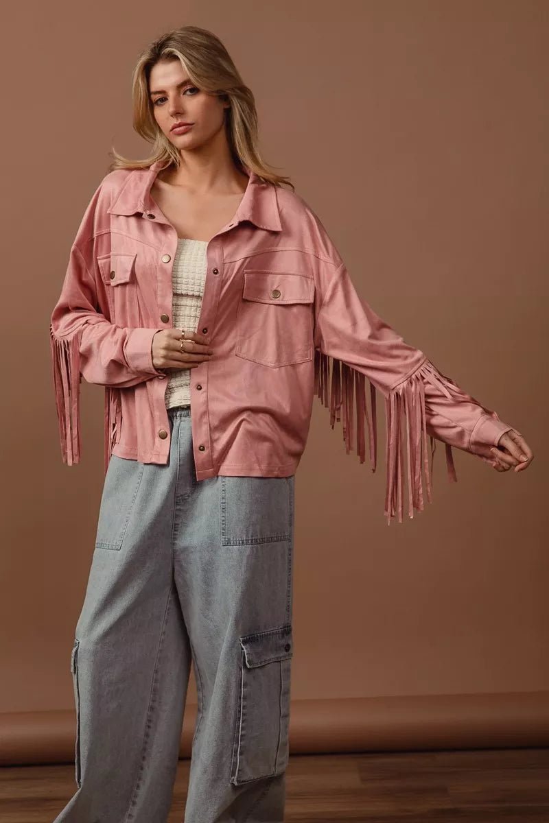 BiBi Suede Fringe Long Sleeve Jacket - Blu Lotus Boutique