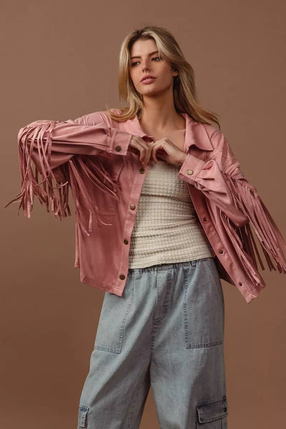 BiBi Suede Fringe Long Sleeve Jacket - Blu Lotus Boutique