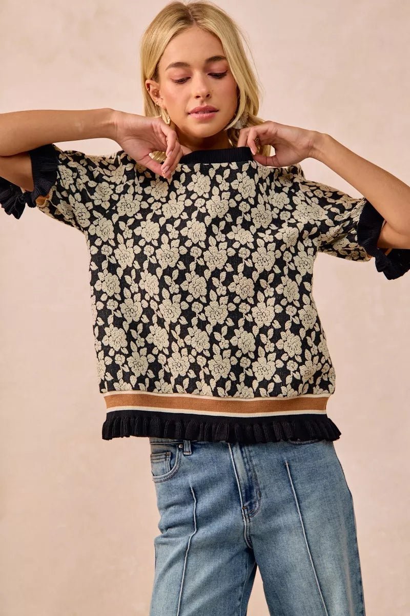 BiBi Textured Rose Knit Top Contrast Banded Puff Sleeve - Blu Lotus Boutique