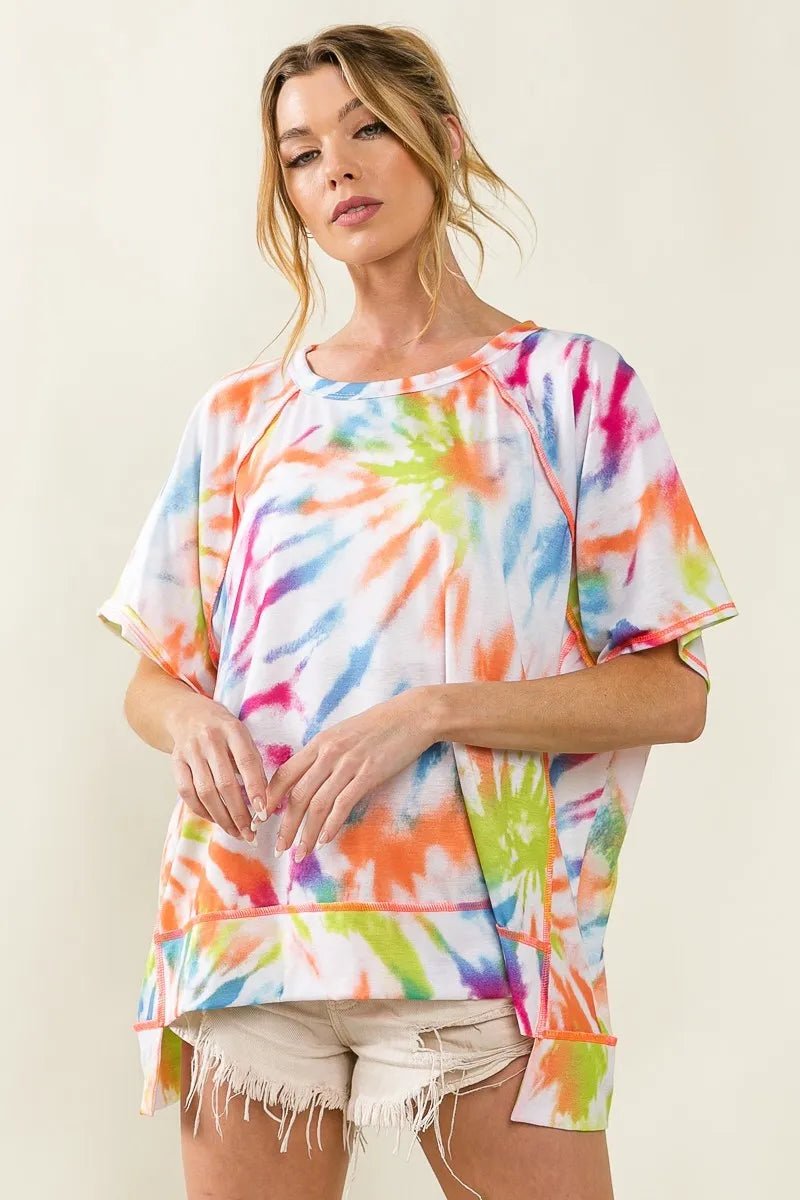 BiBi Tie Dye Print Jersey Stitched Uneven Hem Top - Blu Lotus Boutique