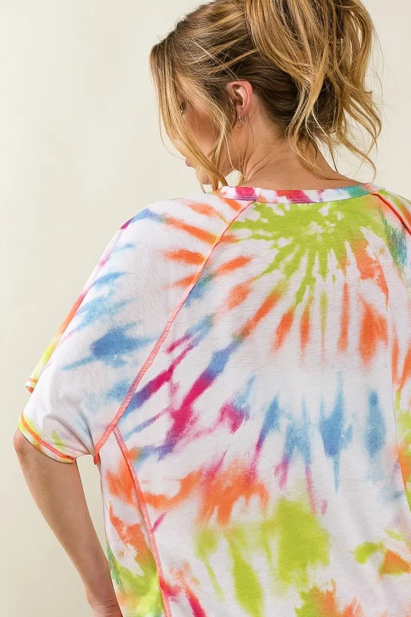 BiBi Tie Dye Print Jersey Stitched Uneven Hem Top - Blu Lotus Boutique