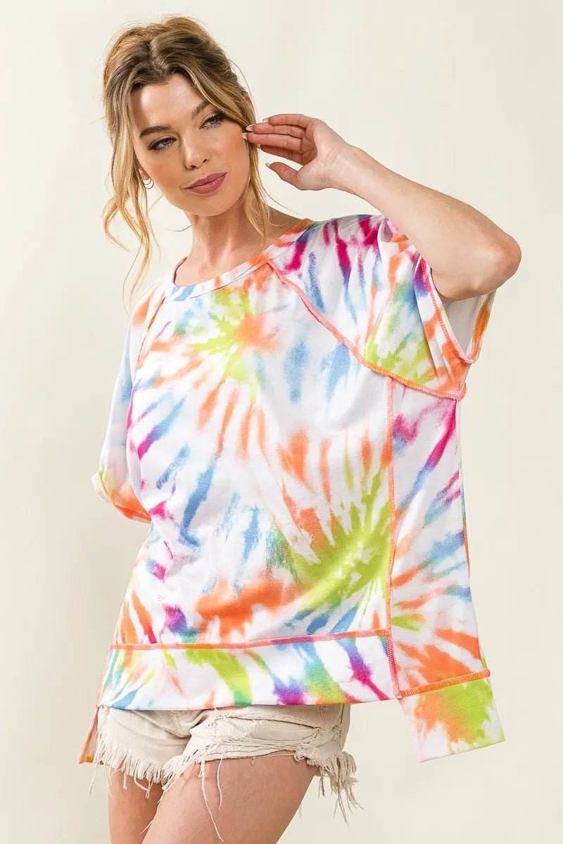 BiBi Tie Dye Print Jersey Stitched Uneven Hem Top - Blu Lotus Boutique