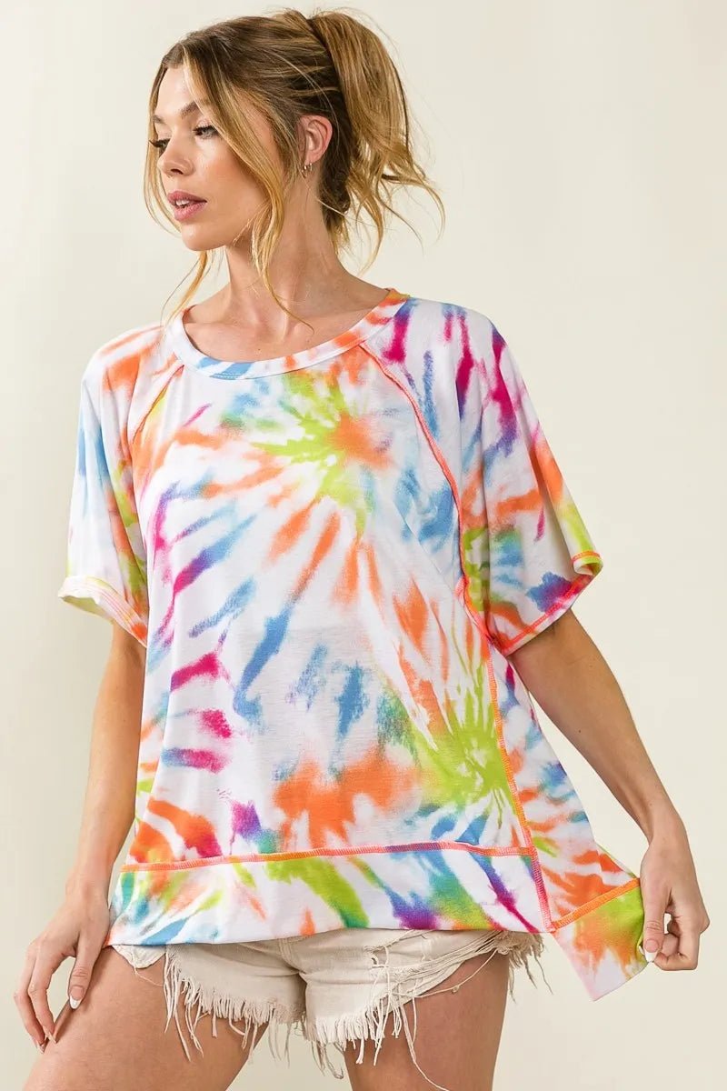 BiBi Tie Dye Print Jersey Stitched Uneven Hem Top - Blu Lotus Boutique