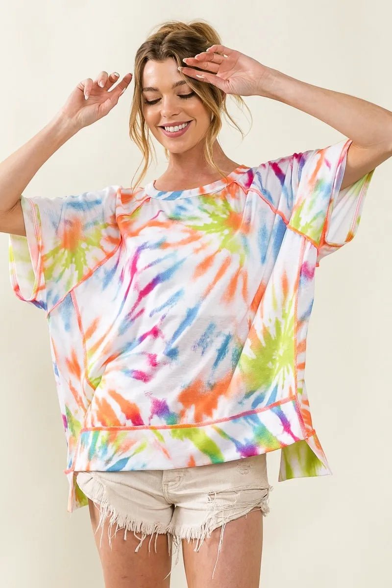 BiBi Tie Dye Print Jersey Stitched Uneven Hem Top - Blu Lotus Boutique