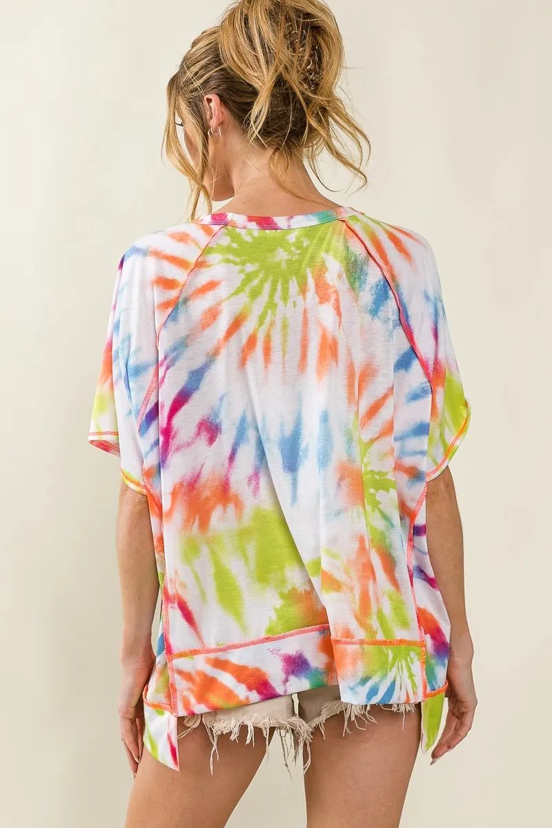 BiBi Tie Dye Print Jersey Stitched Uneven Hem Top - Blu Lotus Boutique