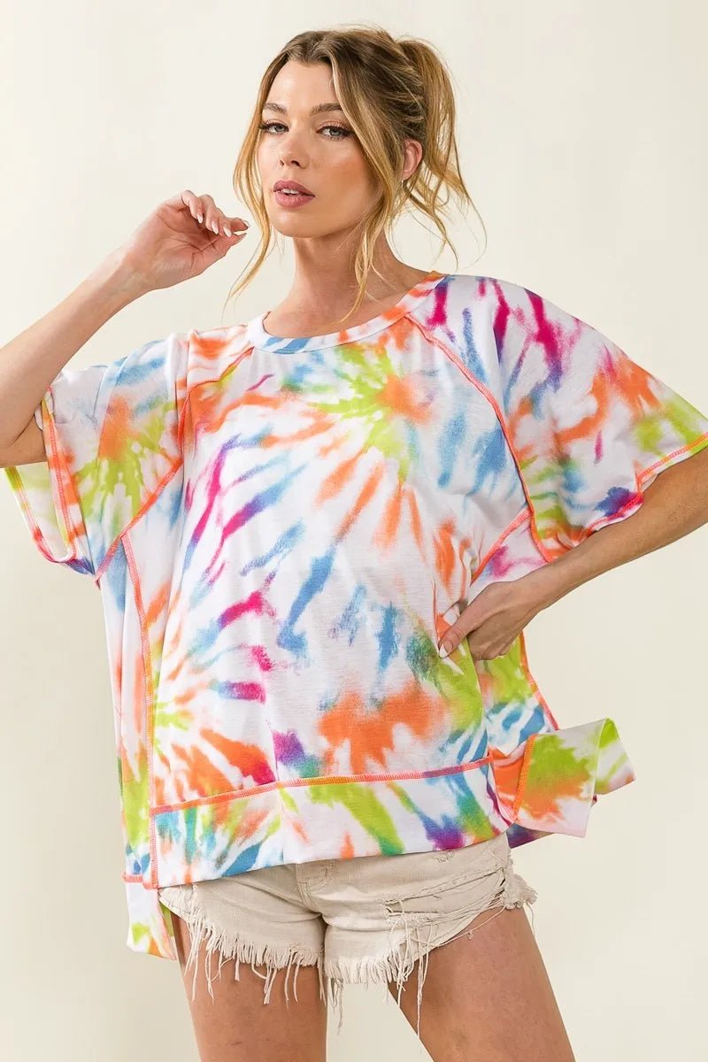 BiBi Tie Dye Print Jersey Stitched Uneven Hem Top - Blu Lotus Boutique