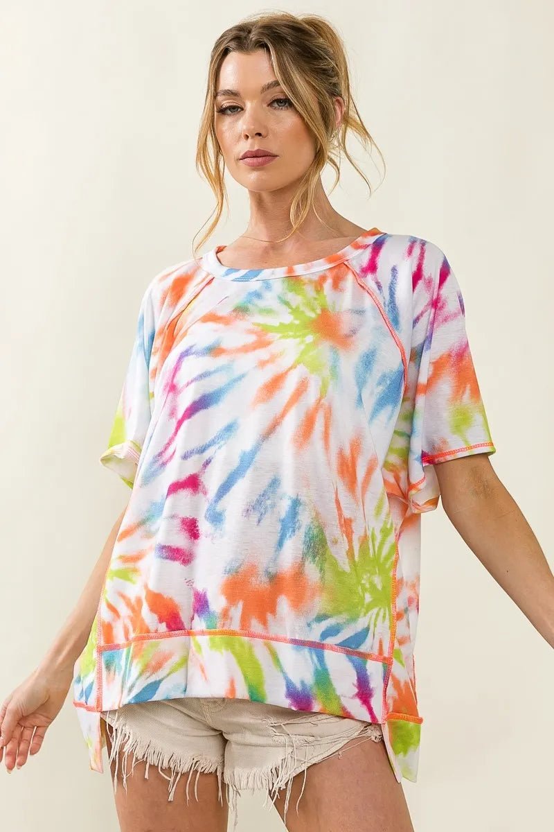 BiBi Tie Dye Print Jersey Stitched Uneven Hem Top - Blu Lotus Boutique