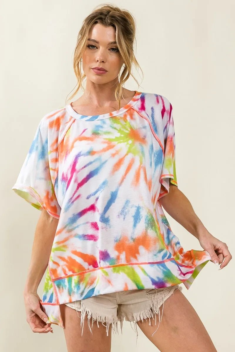 BiBi Tie Dye Print Jersey Stitched Uneven Hem Top - Blu Lotus Boutique