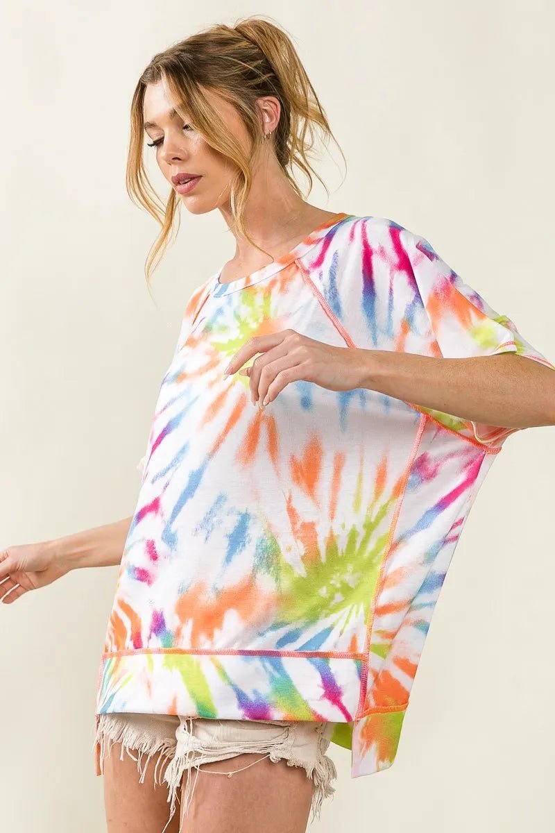 BiBi Tie Dye Print Jersey Stitched Uneven Hem Top - Blu Lotus Boutique