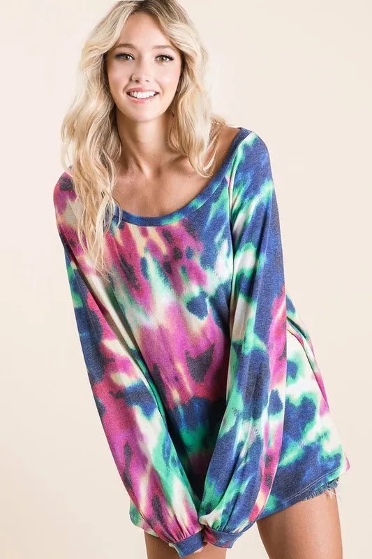 BiBi Tie Dye Print Terry Top with Puff Sleeves - Blu Lotus Boutique